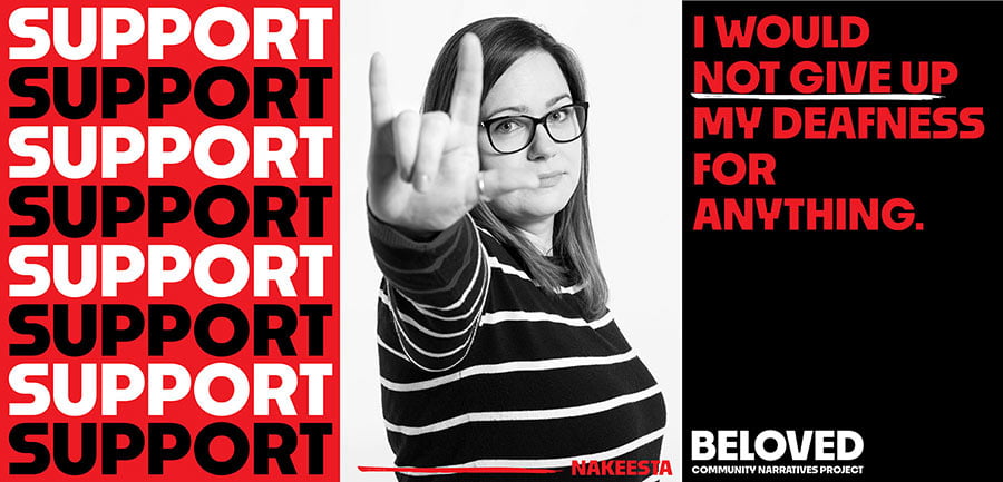 Support - portrait of Nakeesta with an excerpt of her quote emphasizing 