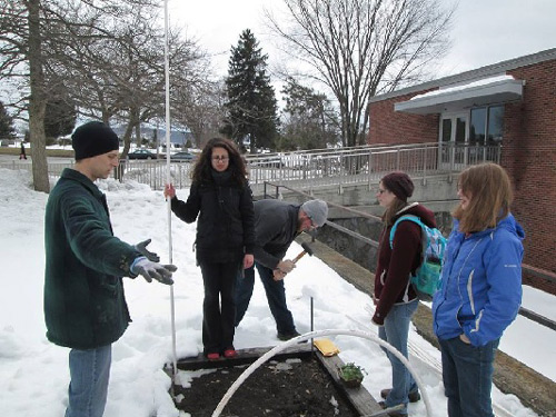 People looking at the garden beds in the winter