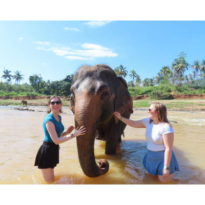 Students pose with an elephant in the water
