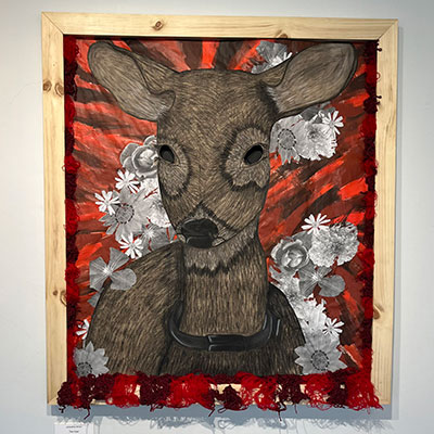 Jaqueline Brown, "Doe Eyes," charcoal, thread, photograph flowers and acrylic paint on paper