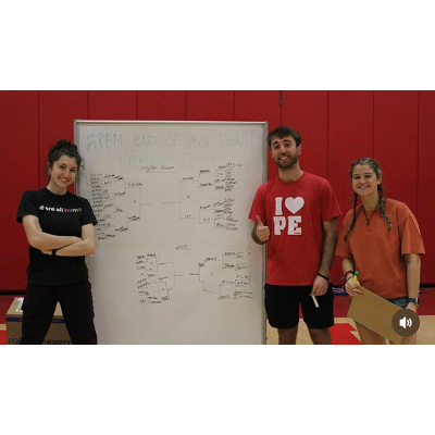 McConologue, right, and APEM Club co-chairs Grace Jervis, left, and Logan Babcock host a volleyball tournament