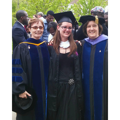 Amber Pakkala, center, between her two Wells College mentors, Milene Morfei and Deb Gagnon.