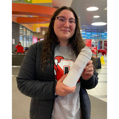 Marjorie Castilla, winner of the Owala raffle from the Residence Hall Trivia raffle.