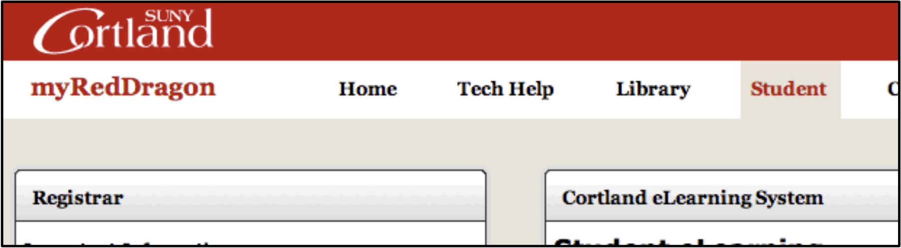 Screenshot of the "Student" tab at the top of the myRedDragon portal, with the Registrar section on the left side of the screen