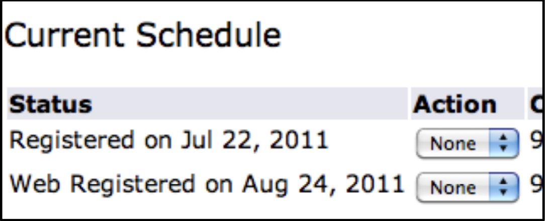 Screenshot showing the Current Schedule view with course statuses