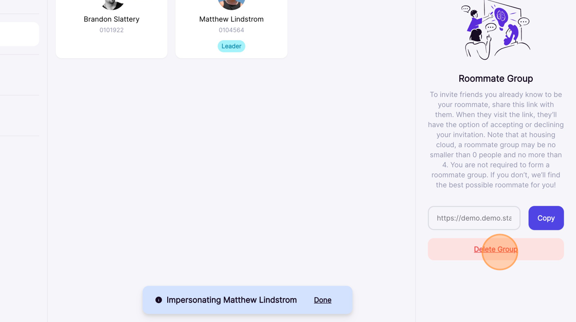 image showing where to click the delete group button in the housing portal.