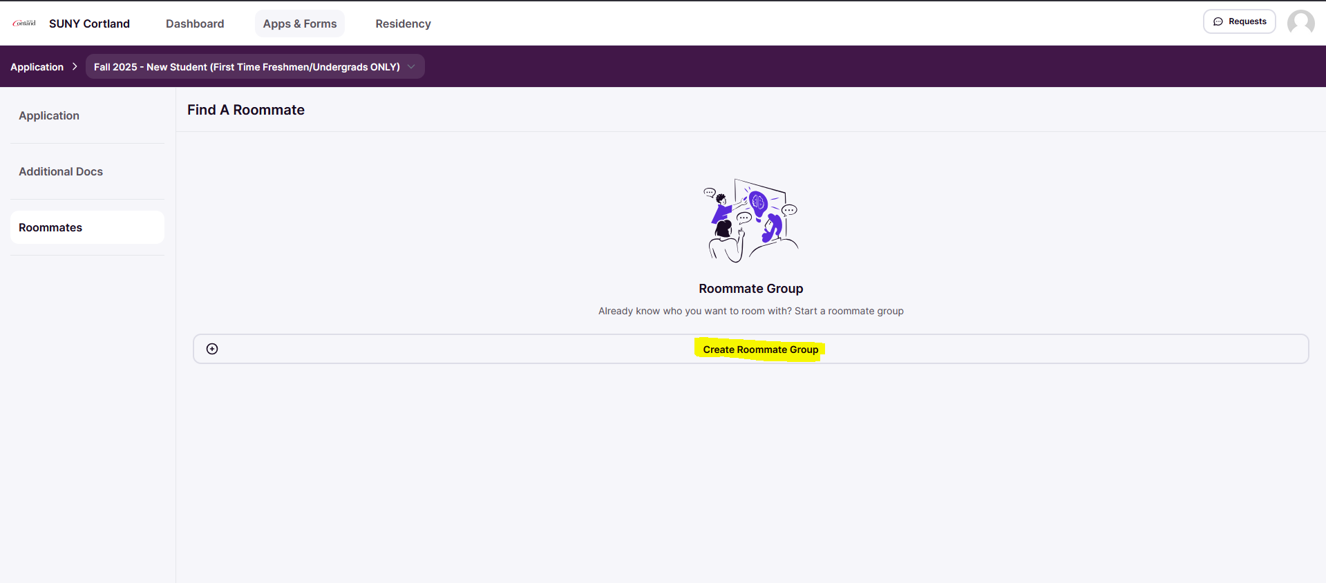 Create Roommate Group highlighted