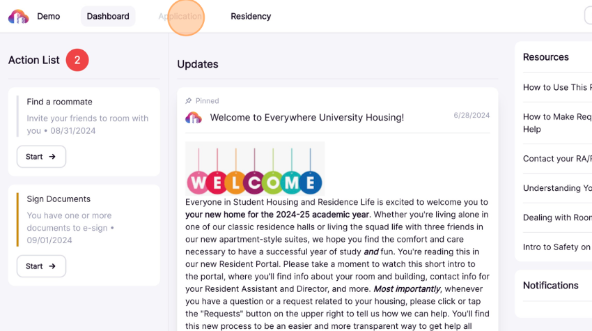 image showing where to click the application button in the housing portal.