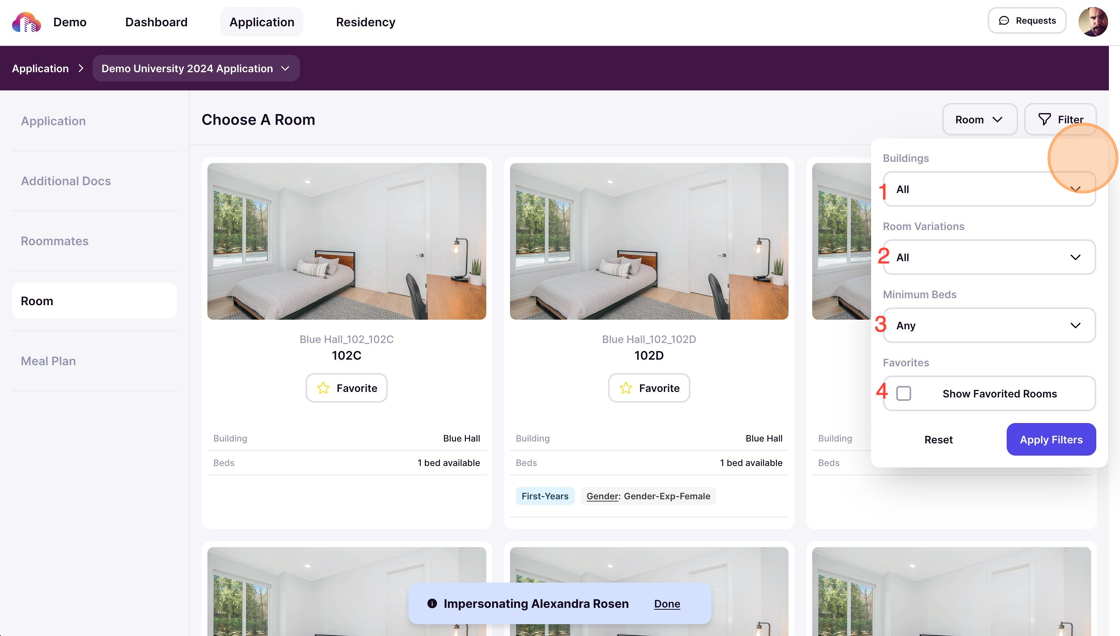 Select filter drop down for specific characteristics such as building, number roommates, etc on the top of the right side