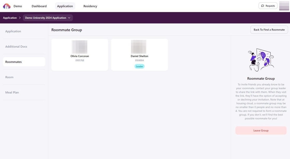 Example of when you are not in a roommate group in the housing portal. 