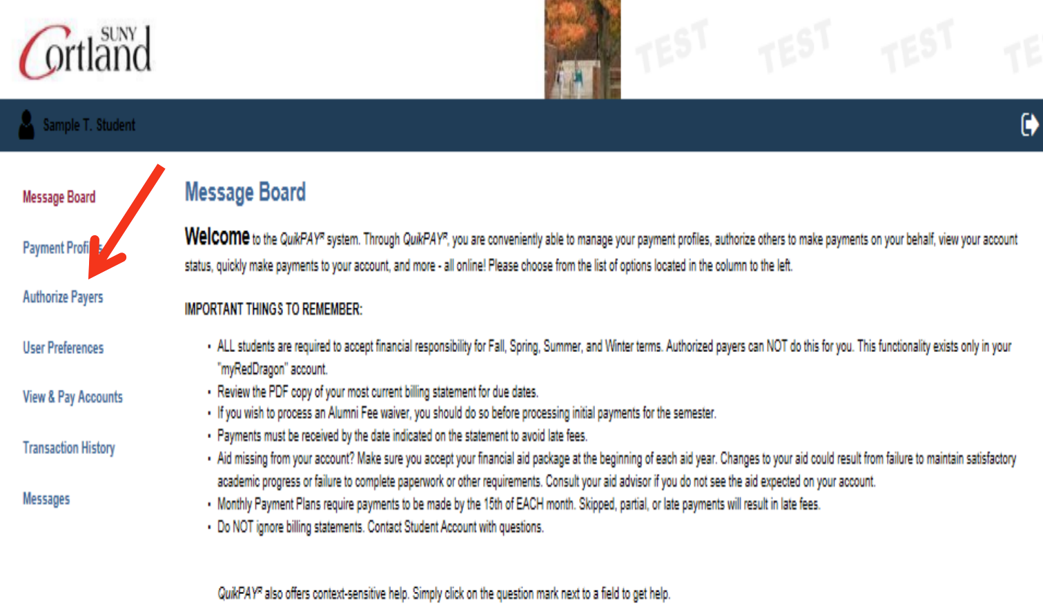 Screenshot of Message Board page with an arrow pointing to the "Authorize Payers" link on the right
