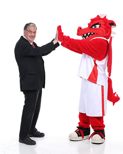 Blaze the Red Dragon mascot with President Erik J. Bitterbaum