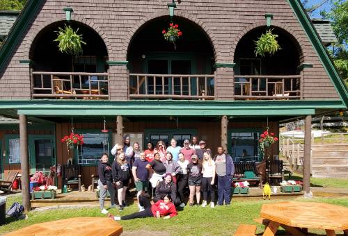 Group in front of Antlers building at Raquette Lake