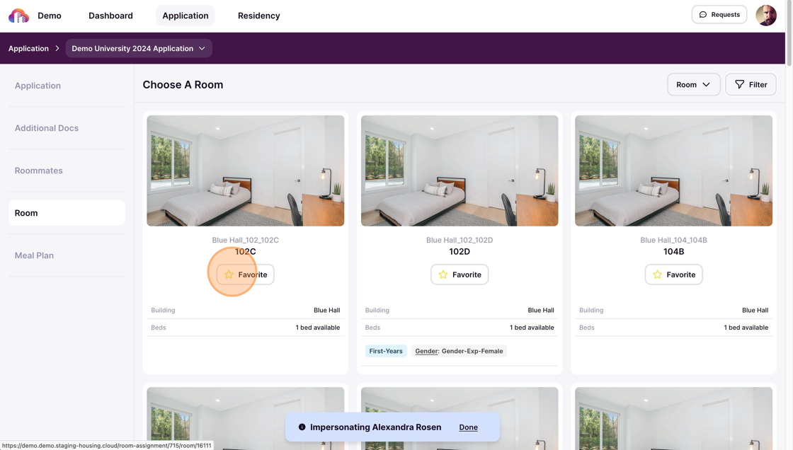 Screenshot of available rooms for selection