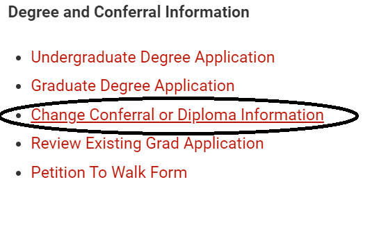 change conferral or Diploma information link highlighted in screenshot
