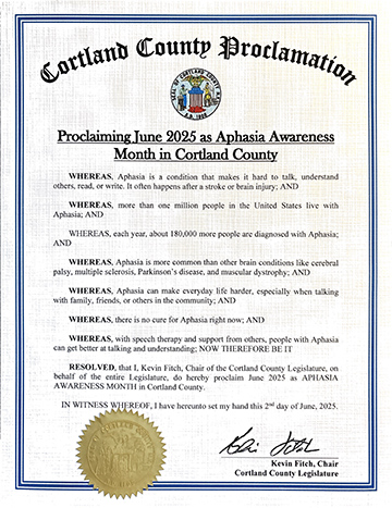 The Cortland County Legislature's proclamation for this year's Aphasia Awareness Month.