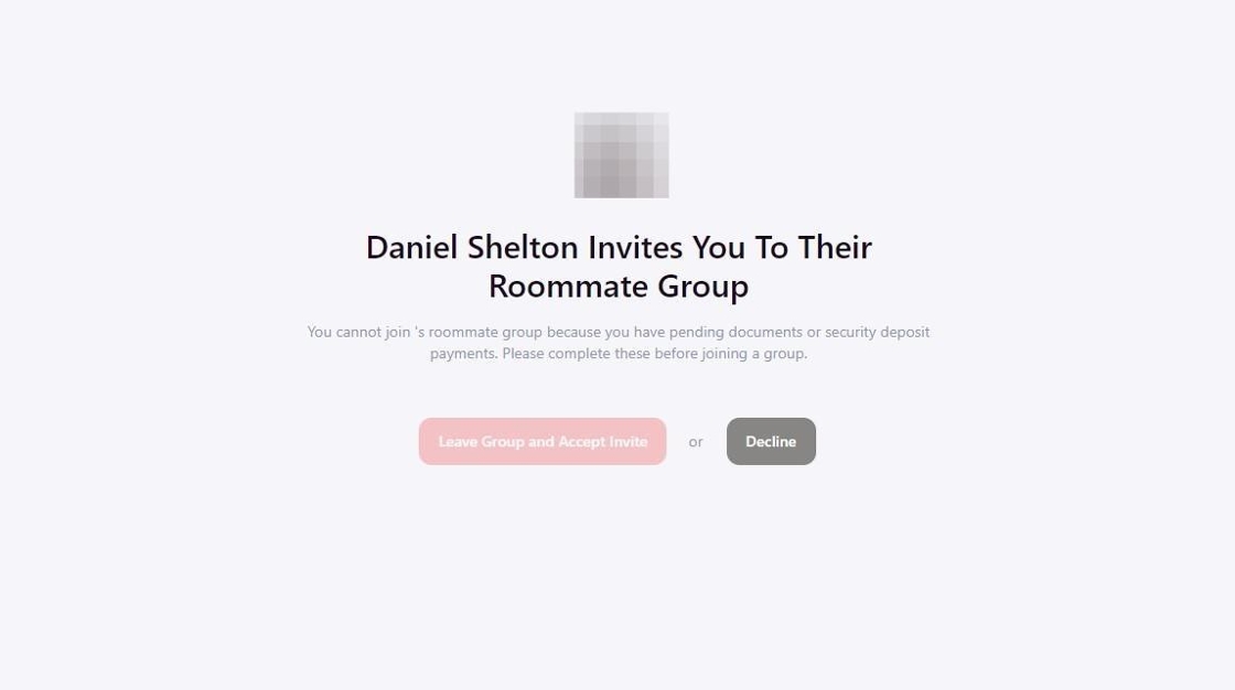 image showing an example roommate group invite in the housing portal when you can not accept.