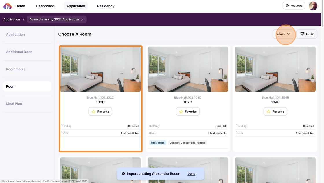 Screenshot of room selected