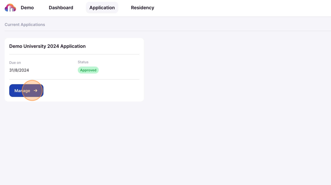 After locating your housing application select manage underneath application