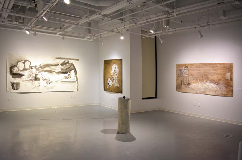A view into the west gallery featuring Andrew Ellis Johnson's works on paper and a black cultured marble sculpture titled &ldquo;Eternal Flames I&rdquo; as part of the 'Founder' exhibition.