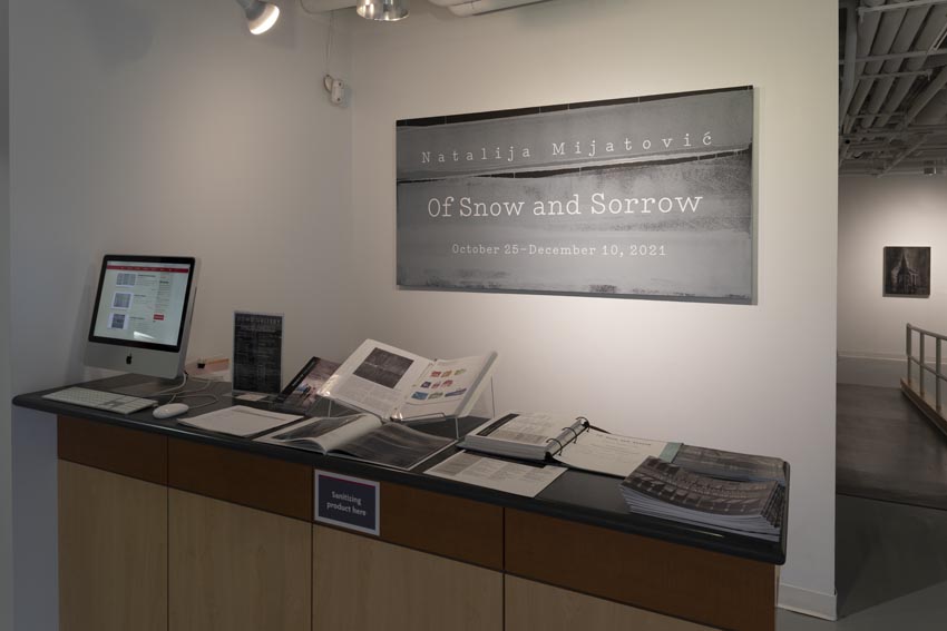 View into the central interior at Dowd Gallery featuring the custom-painted title wall designed by Natalija Mijatović. Image: Marcus Newton.